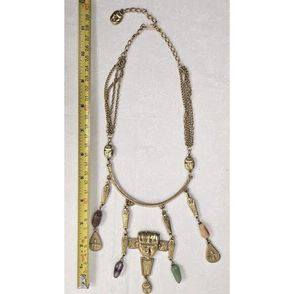Vintage Goldette Necklace Egyptian Revival Dangling Glass Stones Gold-Tone AeB - Picture 6 of 6